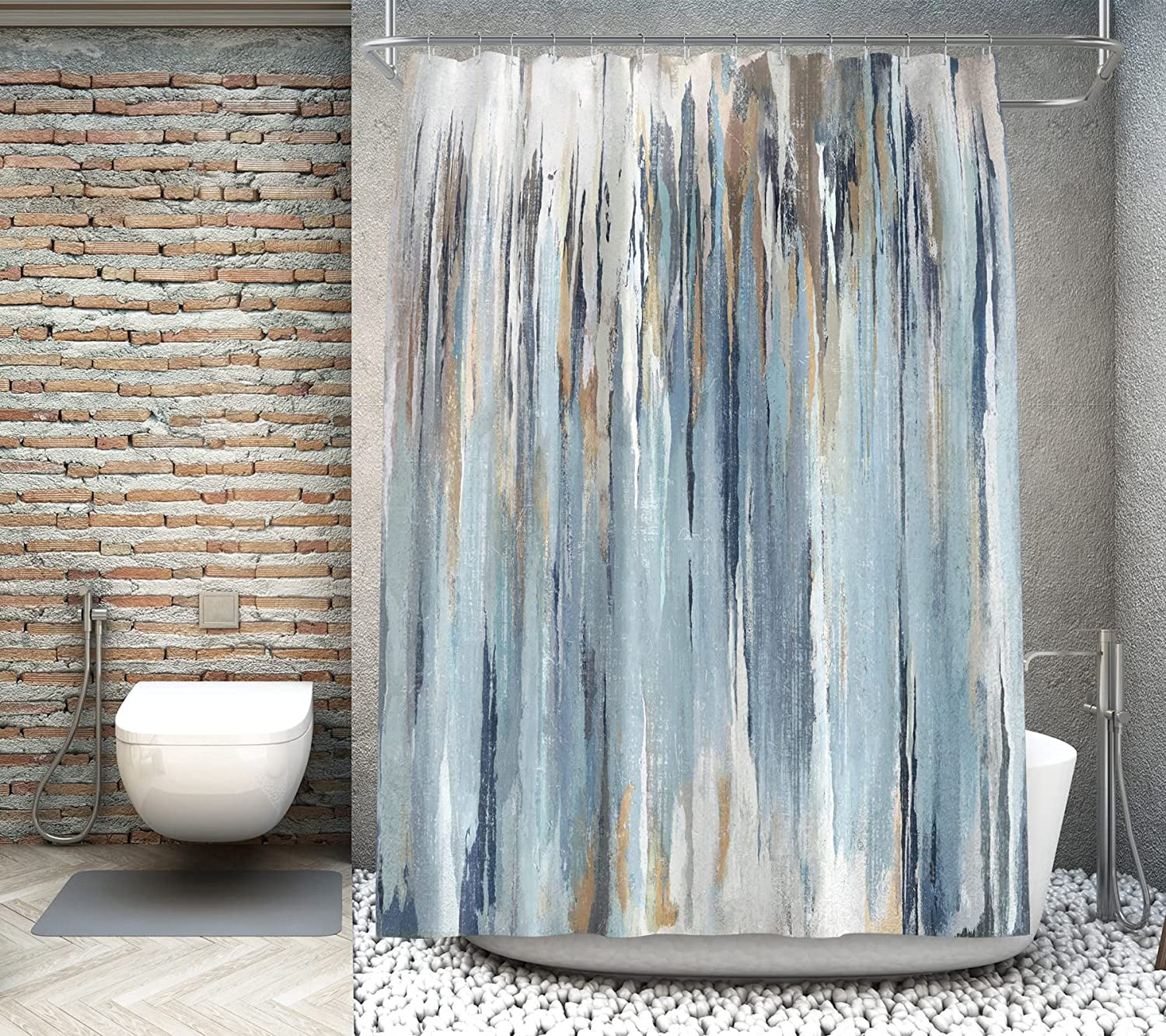 Abstract Shower Curtain 72 X 72 Inches With 12 Hooks Modern Aesthetic Abstract Stripe Shower Curtain Set For Bathtub Bathroom Gray Blue Brown Contemporary Abstract Painting Fabric Shower Curtains
