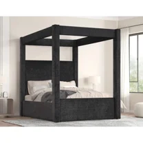Modern Black Upholstered Canopy Bed Eastern King Size Platform Bed, Bedroom Furniture Wooden Bed