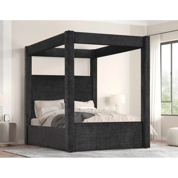 Modern Black Upholstered Canopy Bed California King Size Platform Bed, Bedroom Furniture Wooden Bed