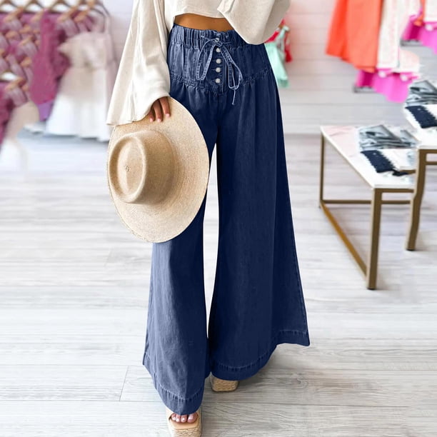 Pincandy Women's Wide Leg Denim Pants - Tie Waist with Back Pockets, Casual Fit for Daily Wear