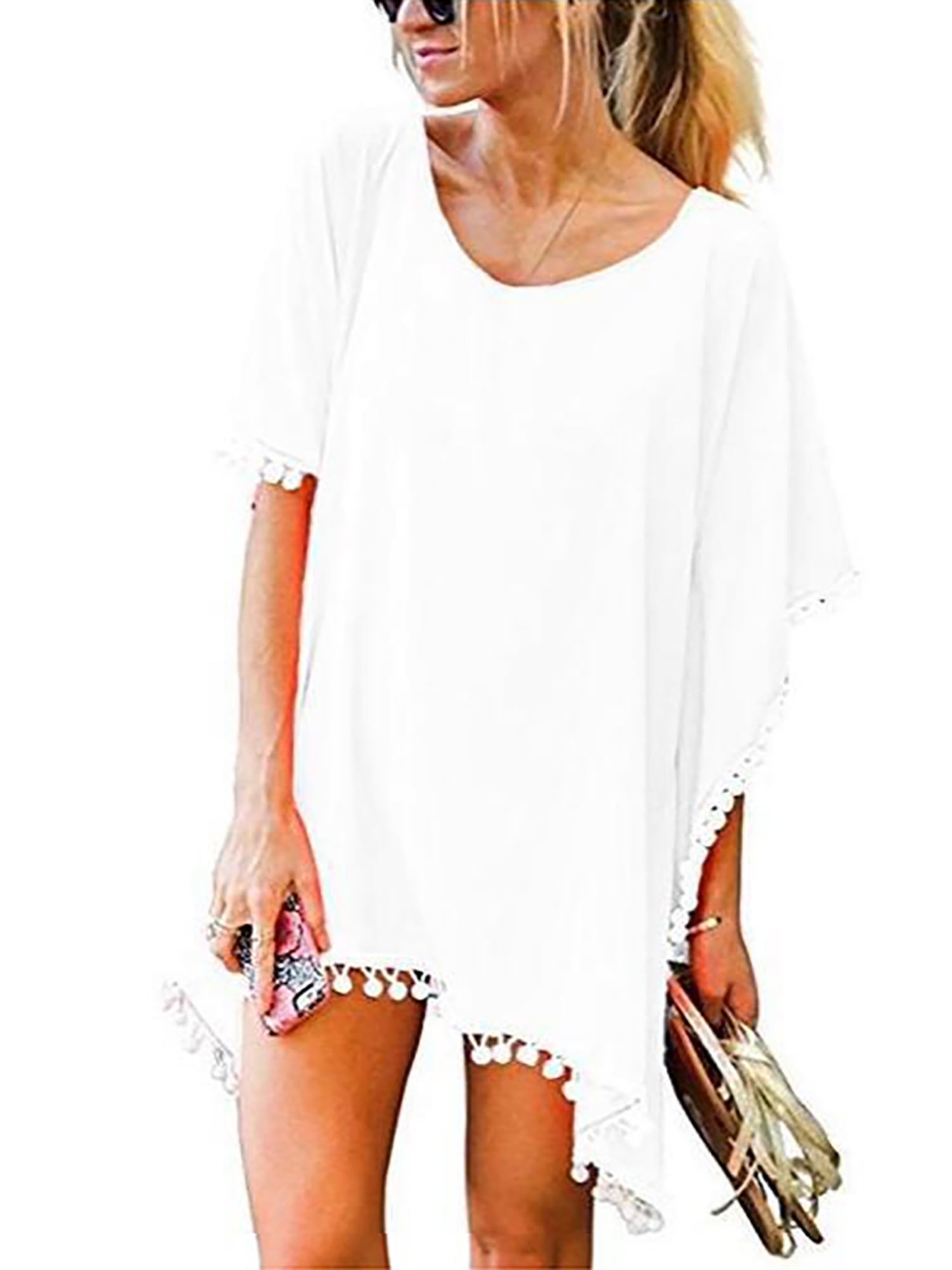 Lumento Women Swim Cover ups Pom Pom Trim Chiffon Swimwear Beach Cover