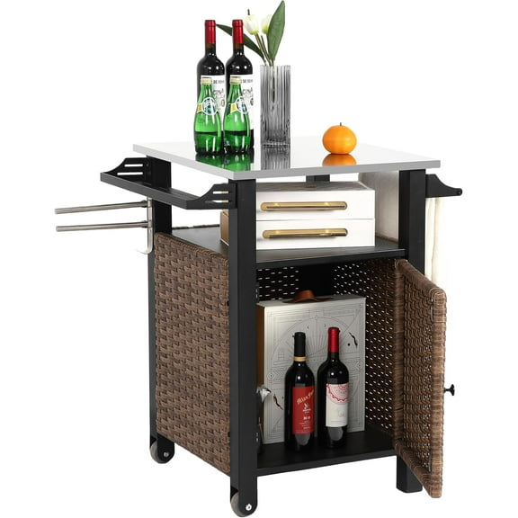 Grill Cart Outdoor with Wheels, Outdoor Prep Table with Wicker Storage and Rolling Wheels, Samll Kitchen Island Serving Cart with Stainless Steel Table Top for BBQ, Porch, Patio, Brown