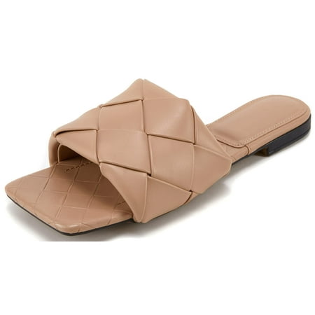 

Saodimallsu Women Square Open Toe Woven Single Band Comfort Slides Slip on Flat Sandals