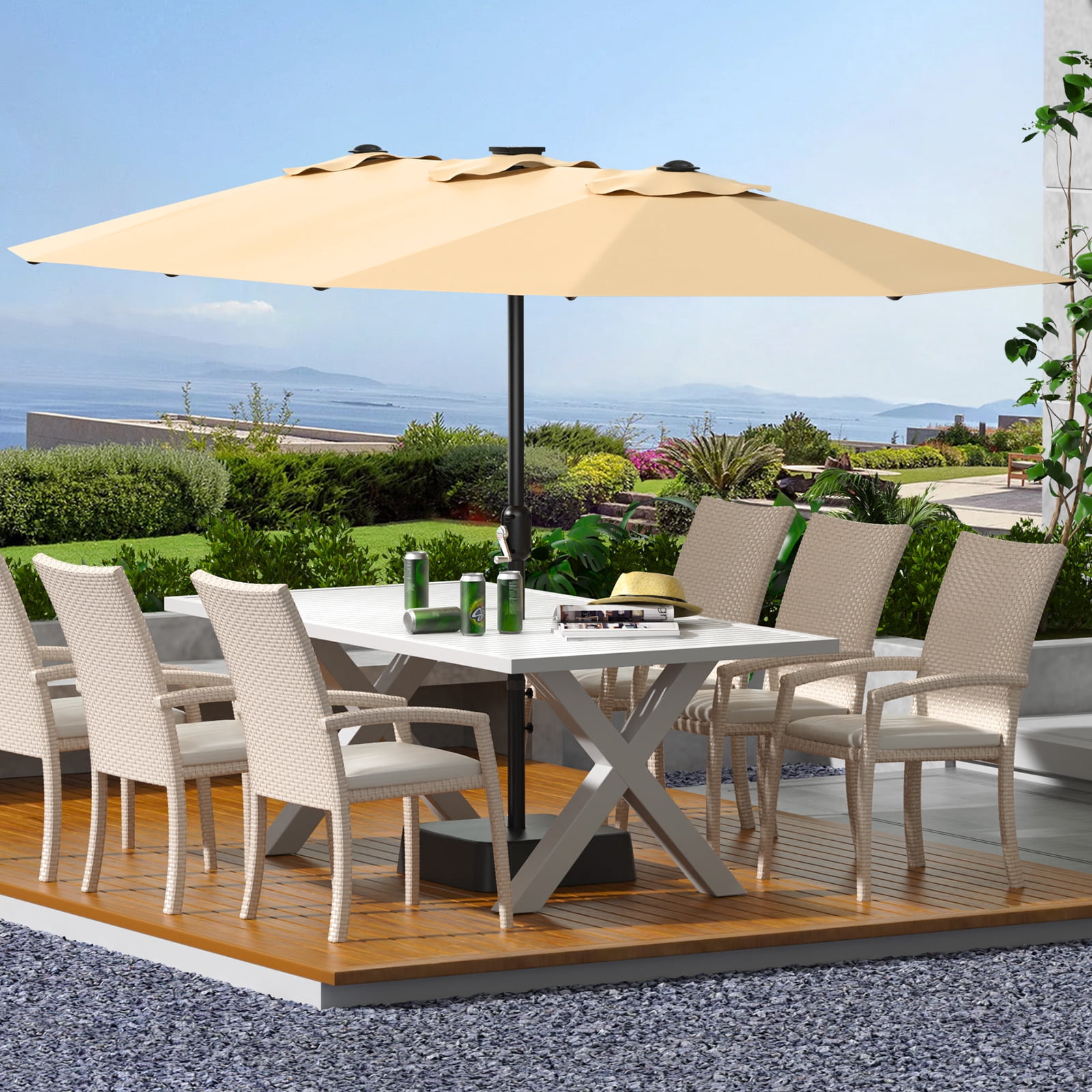 15FT Large Patio Umbrella with Base Included,Double-Sided Outdoor Market Rectangle Umbrellas Oversized Shade for 2-8 People,Weighted Base for Pool,Deck,Backyard