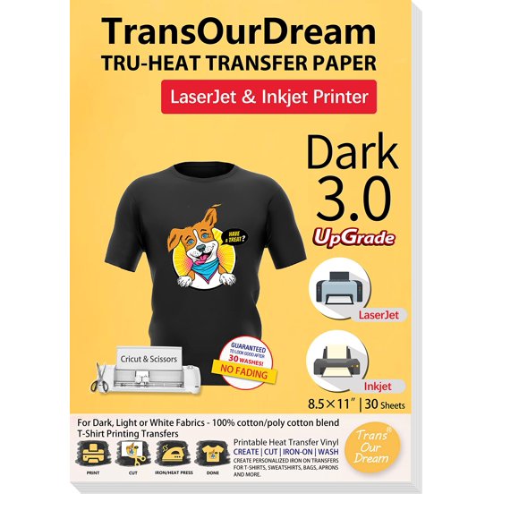 TransOurDream Iron on Heat Transfer Paper for Dark T Shirts (30 Sheets 8.5x11", Dark 3.0) Printable HTV Heat Transfer Vinyl for I