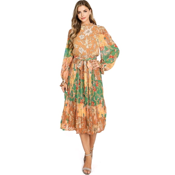 Flying Tomato Women's Modest Chiffon Pleated Boho Long Sleeve Midi Dress (Camel, Small)