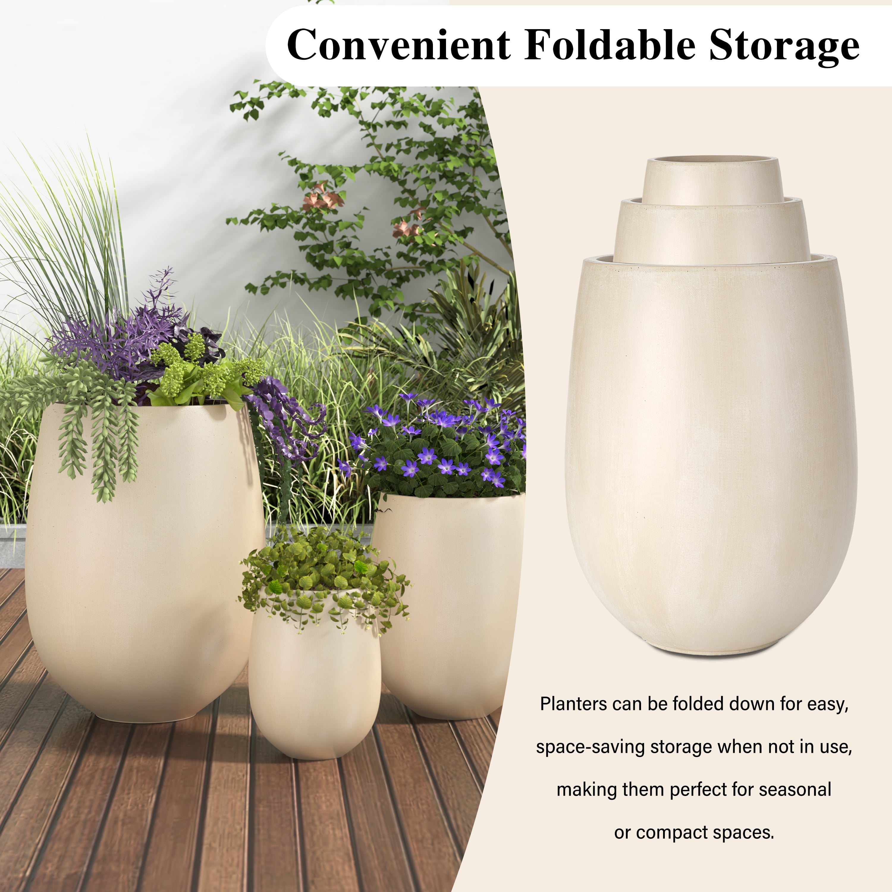 Mintazer Modern Planter Set of 3, 15.6"/10.74"/7.3" Round Stackable Flower Pots with Drainage Holes, Decorative Plant Pots for Indoor & Outdoor, Beige
