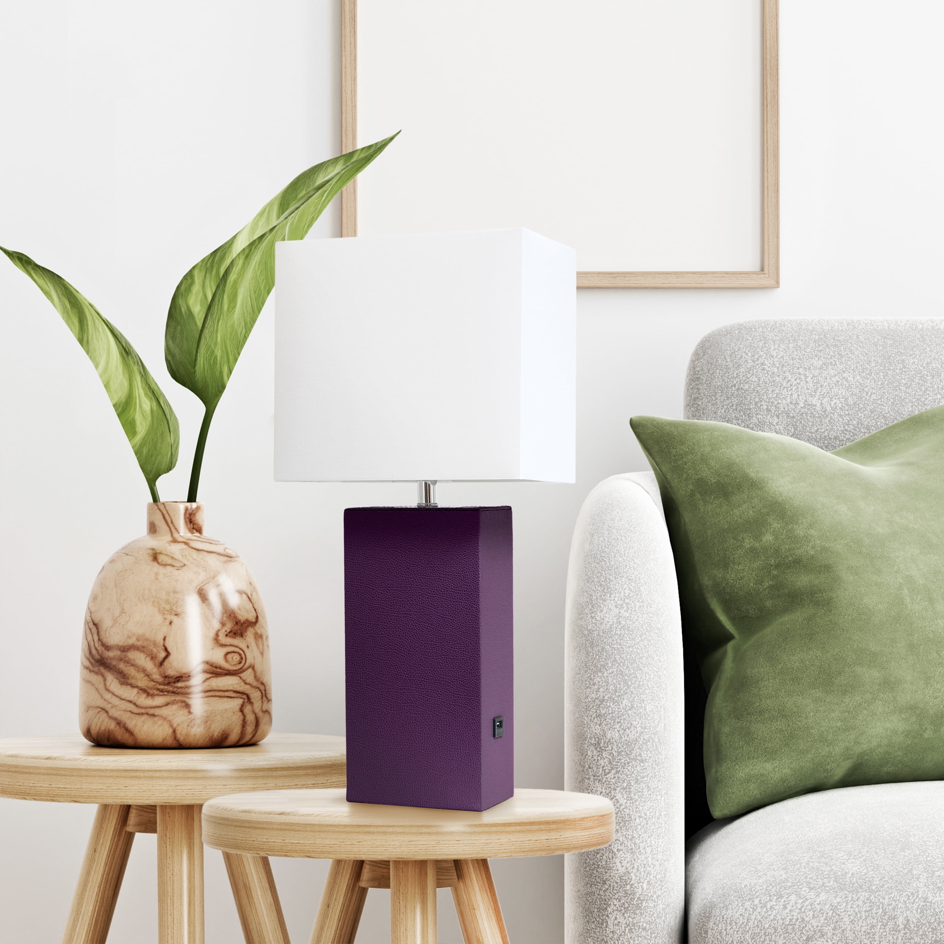 Lalia Home 21" Leather Modern Bedside Table Lamp with USB Port and LED Bulb, Eggplant Purple