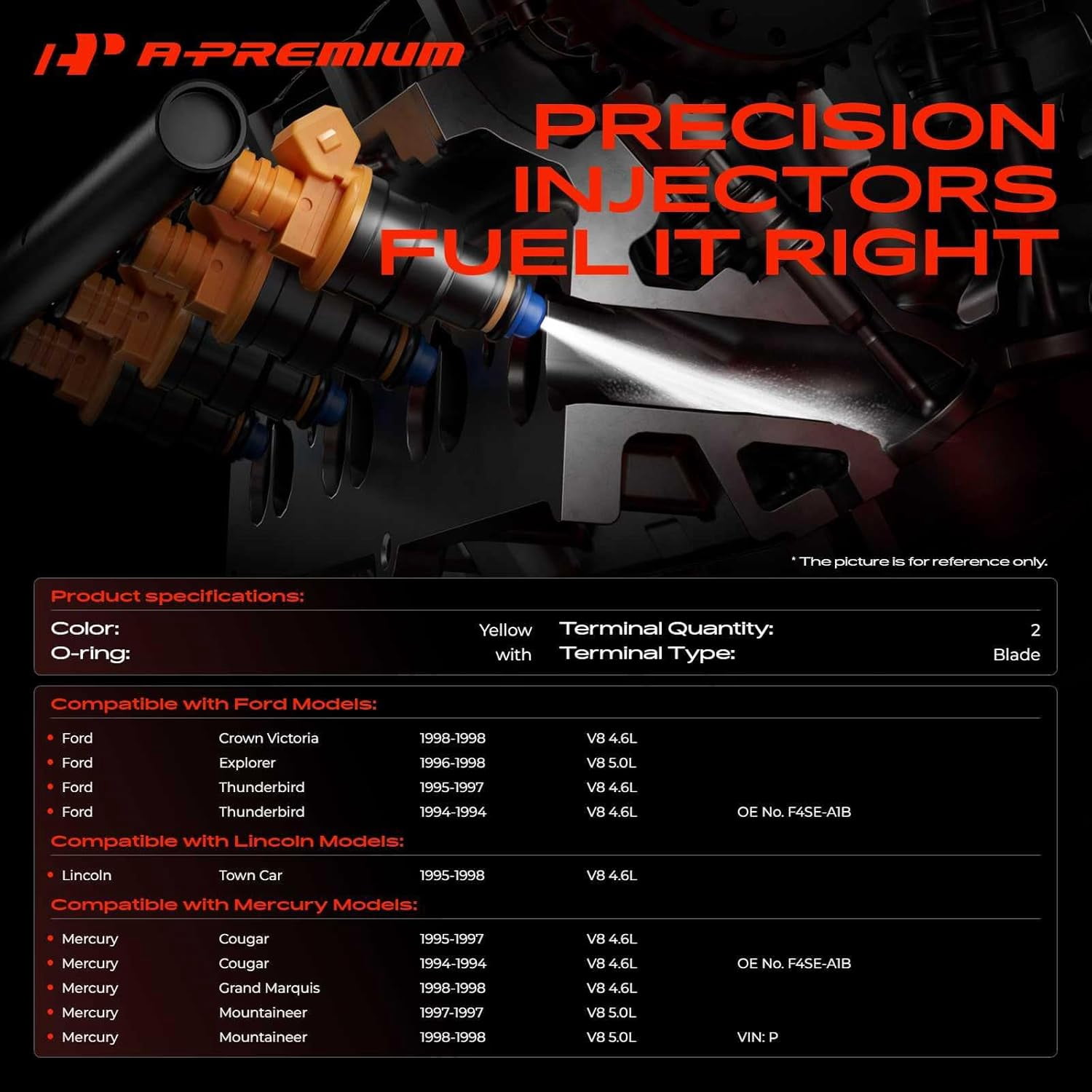 A-Premium Fuel Injectors Compatible with Ford Explorer Crown Victoria Thunderbird & Lincoln Town Car & Mercury Cougar Grand Marquis 4.6L 5.0L Gas Set of 8 Replace# 0280155710 F6VZ9F593AA