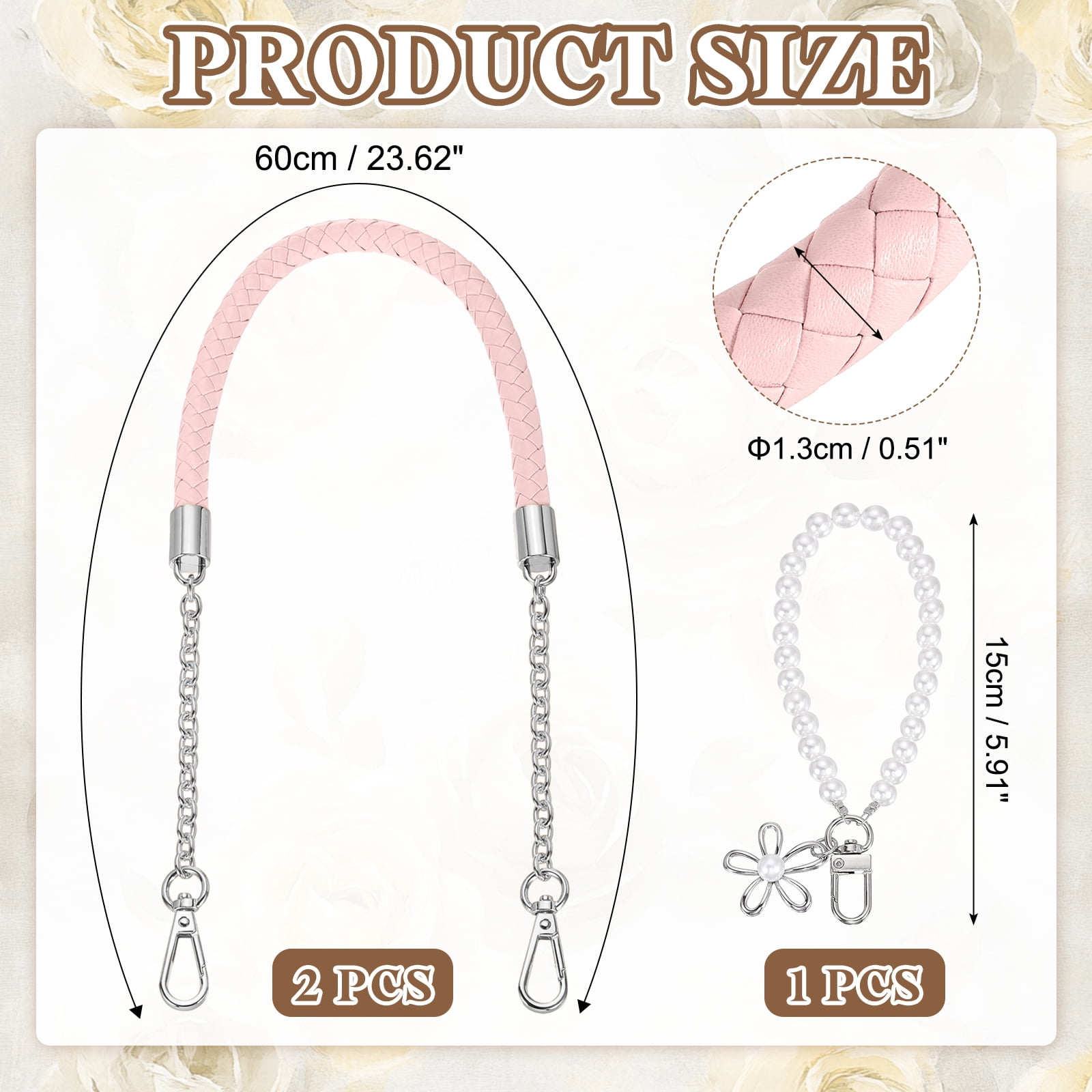 Uxcell 2 Pcs PU Leather Chain Purse Strap, 23.6 Inch Braided Purse Handles Replacement Strap with Pearl Pendant for Tote Bag Handbag Underarm Bag (Light Pink, Silver Chain)