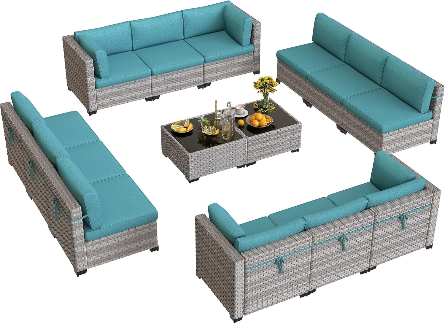 12-Seat Modular Patio Furniture Set – Outdoor Wicker Sectional Sofa with Thick 4″ Cushions, Dual-Strand PE Rattan, Rust-Resistant 18 mm Steel Frame, Backyard Garden Deck Lounge,Blue