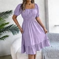 thumbnail image 4 of WRKEKC Summer Dresses for Women Solid Square Neck Puff Sleeve Elastic Smocked Waist Ruffle a Line Midi Flowy, 4 of 8