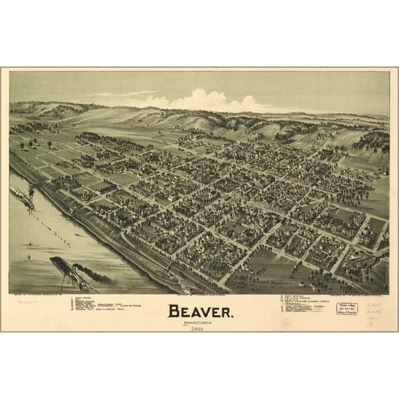 24"x36" Gallery Poster, birdseye view map Beaver, Pennsylvania 1900