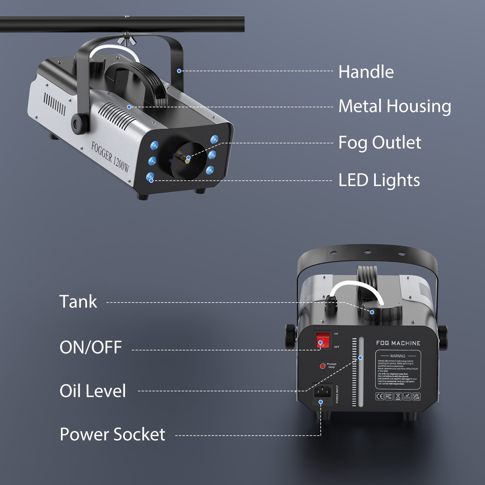 Fog Machine Smoke Machine 1200W with RGB LED Lights & Remote - Haze Smoke Generator for Halloween, Party, Stage, DJ, Club