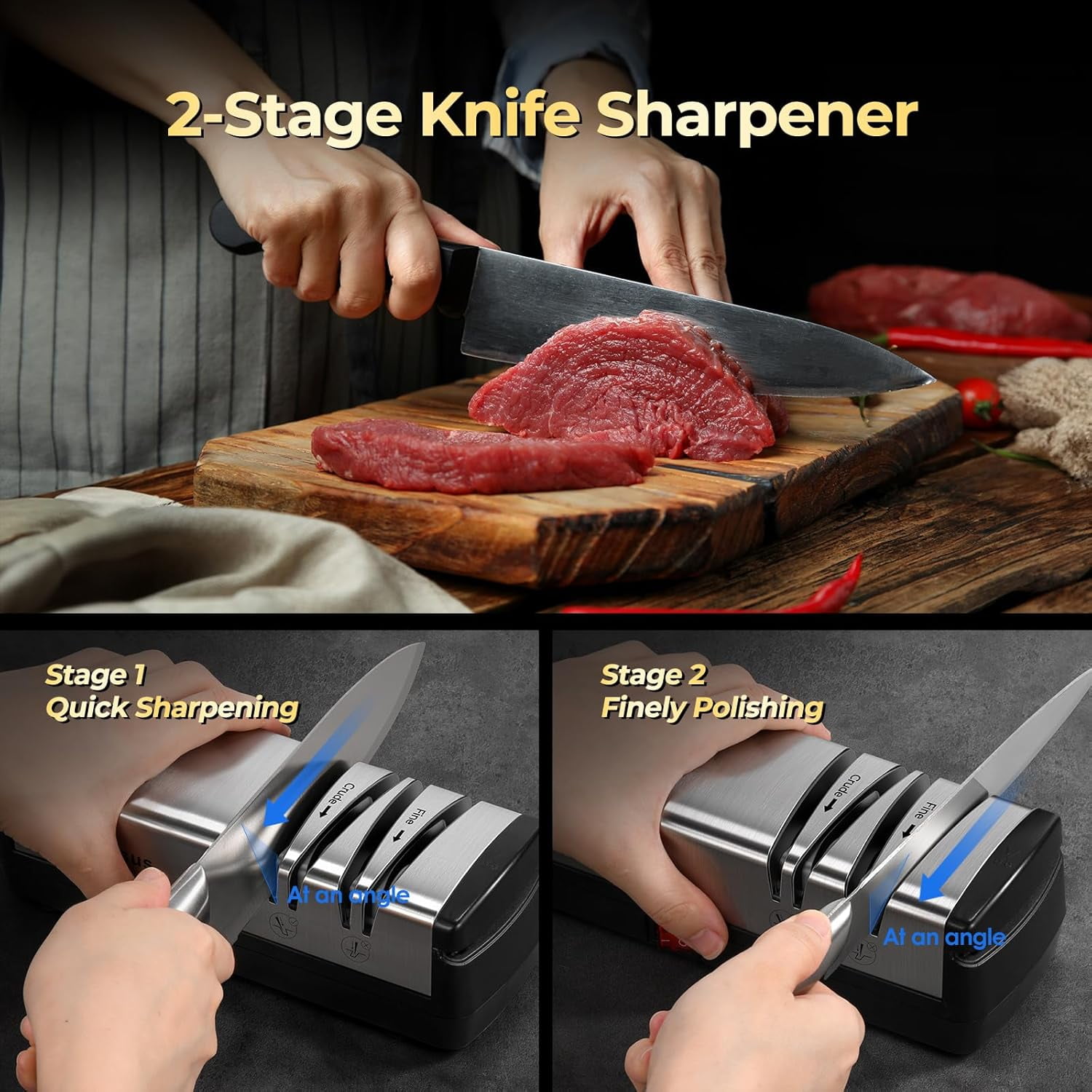 Electric Knife Sharpener with  Abrasives for Stainless Steel Ceramic Knives and Scissors, Quick Sharpening System with Dust  Box