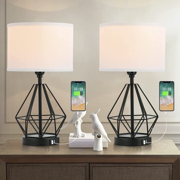 MeyJey Lampe de Table 16,5 Pouces pour Chambre, Ensemble de 2, Lampe de Chevet Industrielle en Métal, Lampes de Table de Nuit à Cadre Ouvert avec Doubles Ports USB, Noir