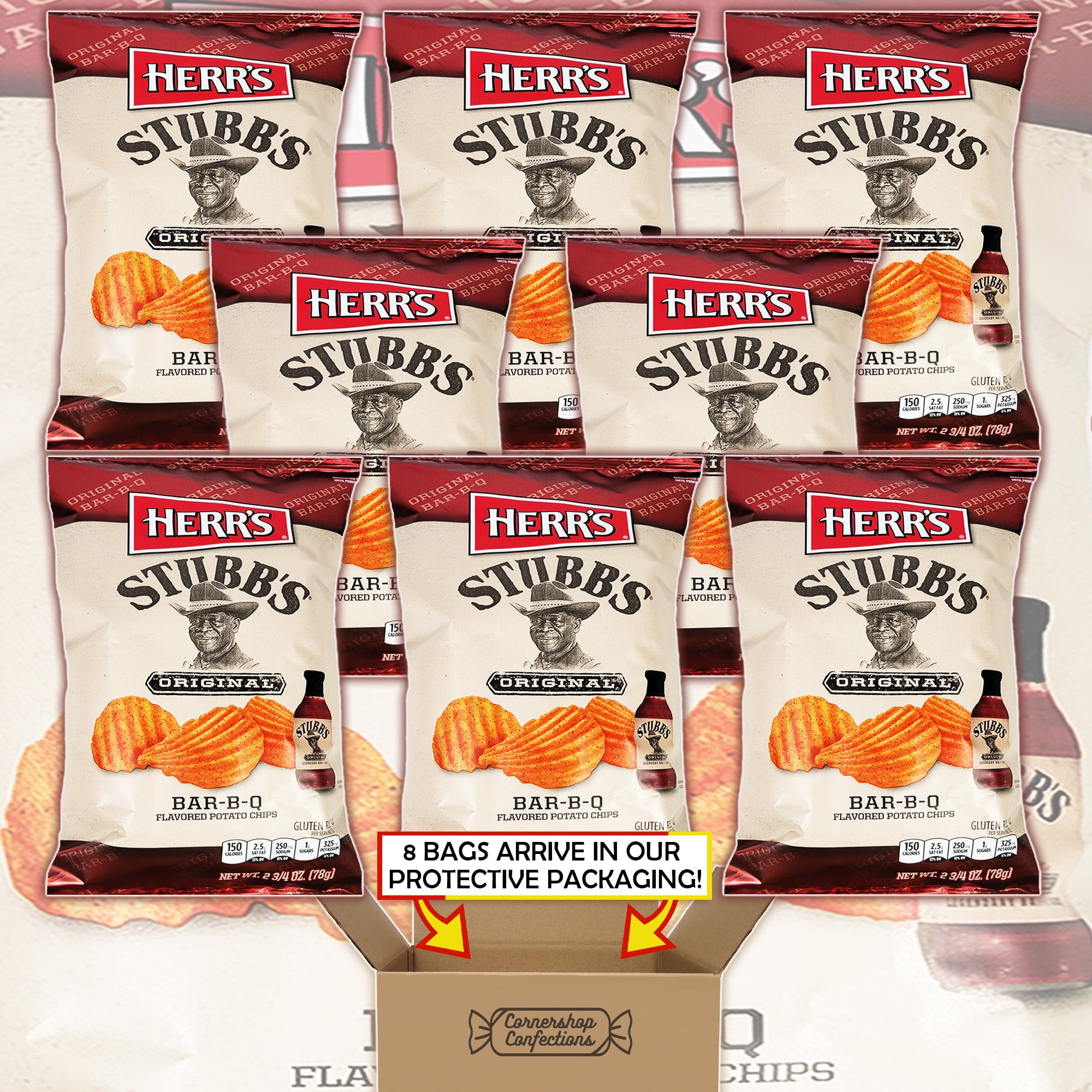 Herr's Stubb's Original BBQ Potato Chips 8 Bag Bulk Pack - 8 Individually Sealed Bags of BBQ Flavored Potato Chips - Friendly Challenges, Movie Night, School Snack in Cornershop Confections Pack