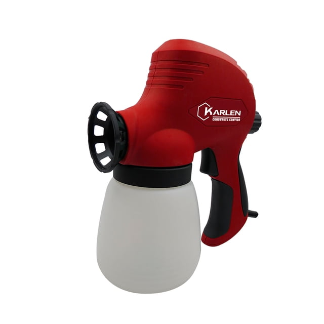 pistola de aire para pintar 110w 800ml gimex js-981pq pistola eléctrica roja con depósito traslúcido de 800 ml, empuñadura ergonómica negra y boquilla frontal en vista 3/4 sobre fondo blanco; sistema de atomización por aire y potencia 110 W conforme a la ficha, suele usarse también para retoques y trabajos domésticos de pintura.