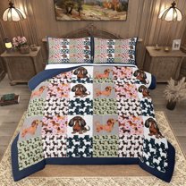 Homewish Kawaii Cartoon Dachshund Queen Comforter Set for Kid, Vintage Buffalo Patchwork Bedding Sets, Cute Dog Pug Reversible Bedding Comforter Set, Luxury Bedroom Decor, 3pcs