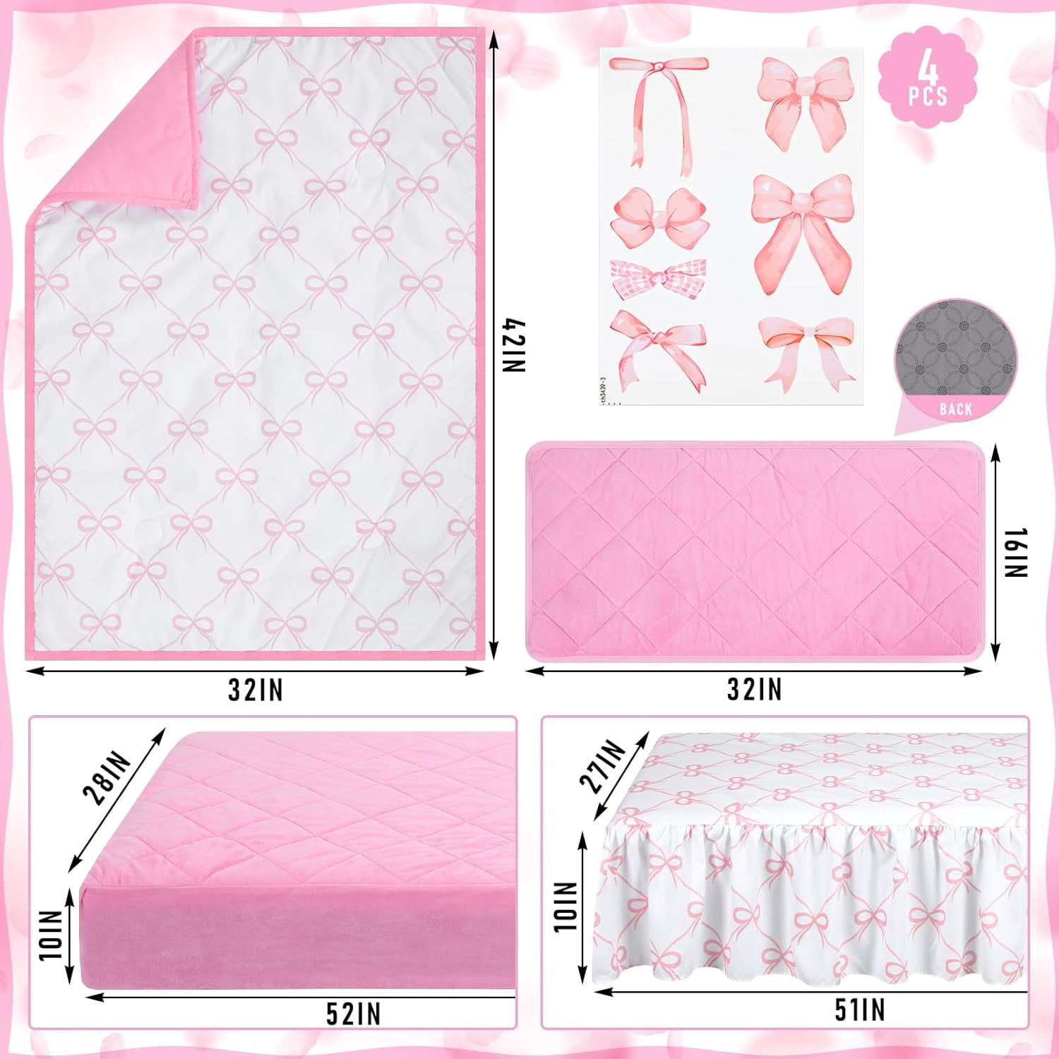 5 Pcs Pink Bow Crib Bedding Set Include Print Crib Sheets Bed Skirt Comforter Pad Cover Wall Stickers for Girls Princess Nursery Room Decoration