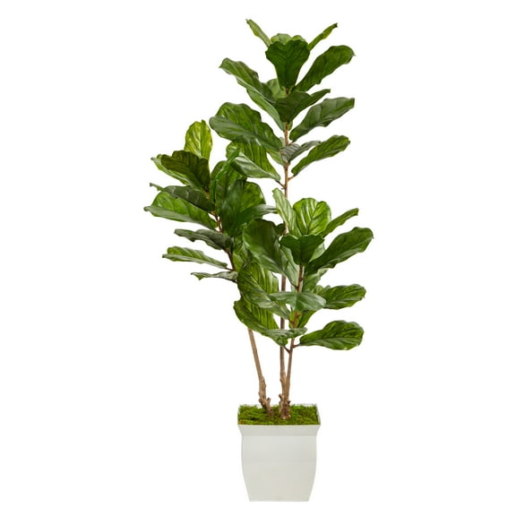Nearly Natural 5.5' Fiddle Leaf Artificial Tree in White Metal Planter