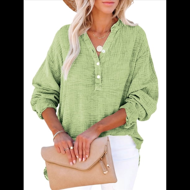 Blusas Casuales de Larga con Cuello en V y Botones para Mujer, Blusas Lisas de Gran Tamaño. Verde XXL