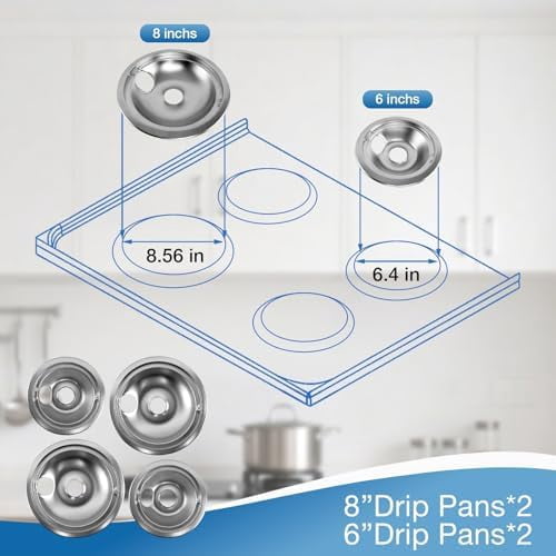 WB31T10010 WB31T10011 Chrome Drip Pans Set (4 Pack) - 2x6" & 2x8" Replacement for GE, Hotpoint, Kenmore Electric Stoves with Locking Slot - Chrome Plated Steel Burner Bowls