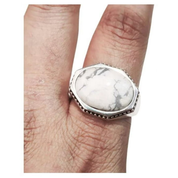Howlite Mans Ring, Natural White Howlite Ring, Birthstone, Silver Jewelry, 925 Silver Ring, Birthday Gift, Heavy Mens Ring, Arabic Design, Ottoman Style Ring, Christmas, Turkey Mens Signet Ring