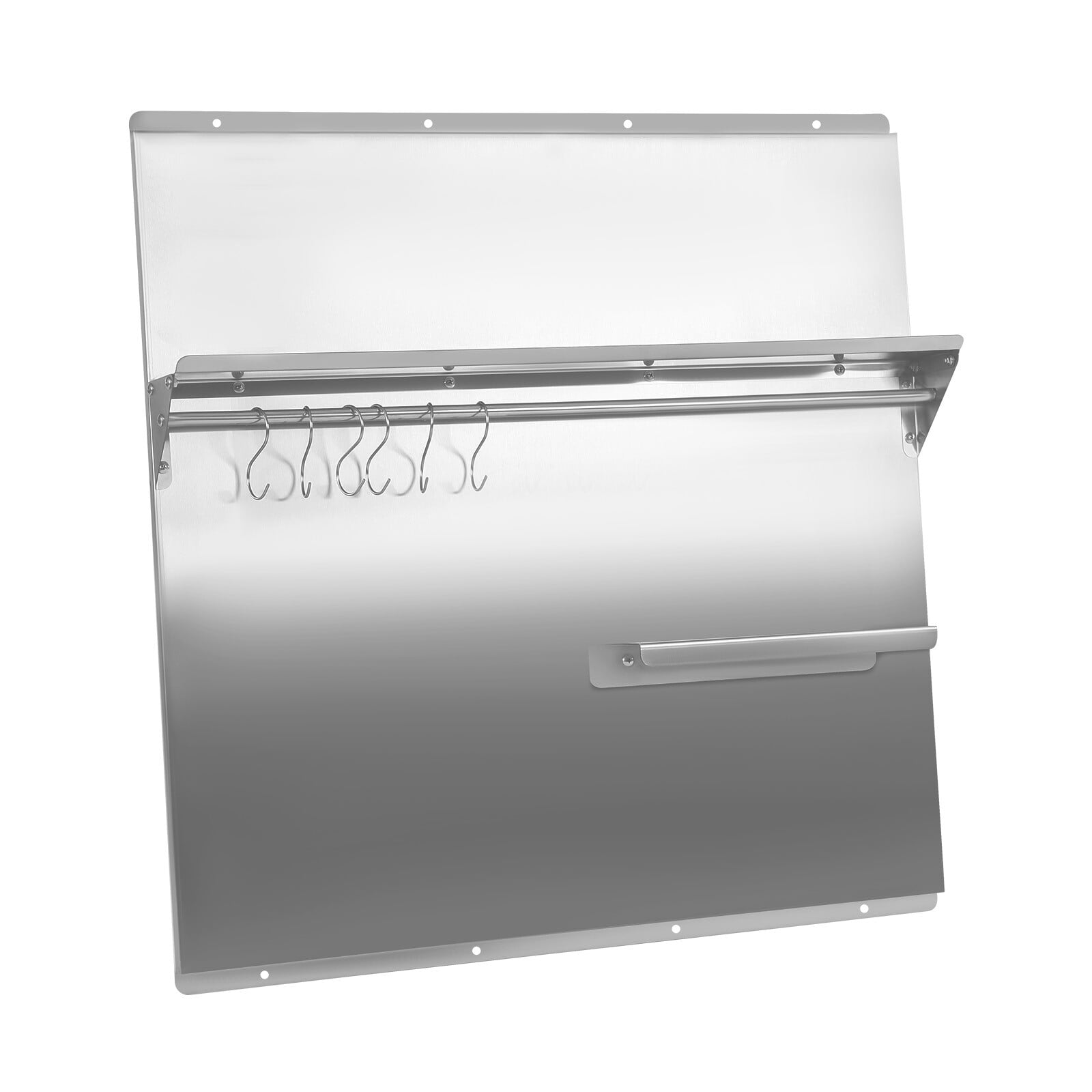Range Backsplash with Shelf 30 x 30.7 Inch Range Hood Wall Shield, Stainless Steel Backsplash Silver Splash Plate for Range Hood Stainless Backsplash with Built-in Storage Shelf and Hanging Rack