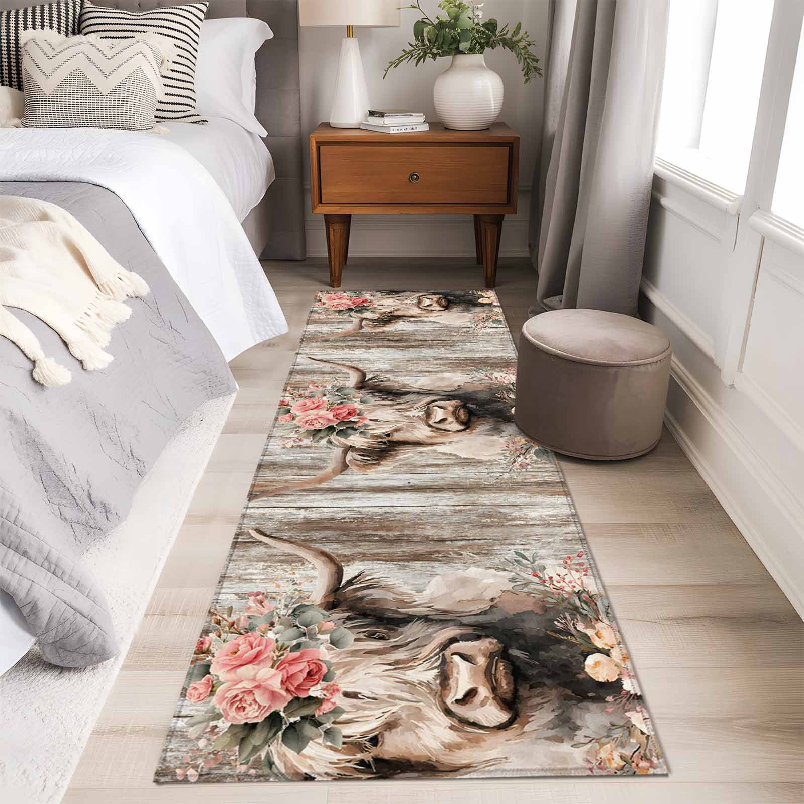 Highland Cows Runner Rugs 2x6 ft Abstract Animal Pink Flower Brown Wood Grain Farm Washable Hallway Rugs Non-Slip Floor Mats Absorbent Carpet Bedside Runners for Bedroom Kitchen Bathroom Laundry Room