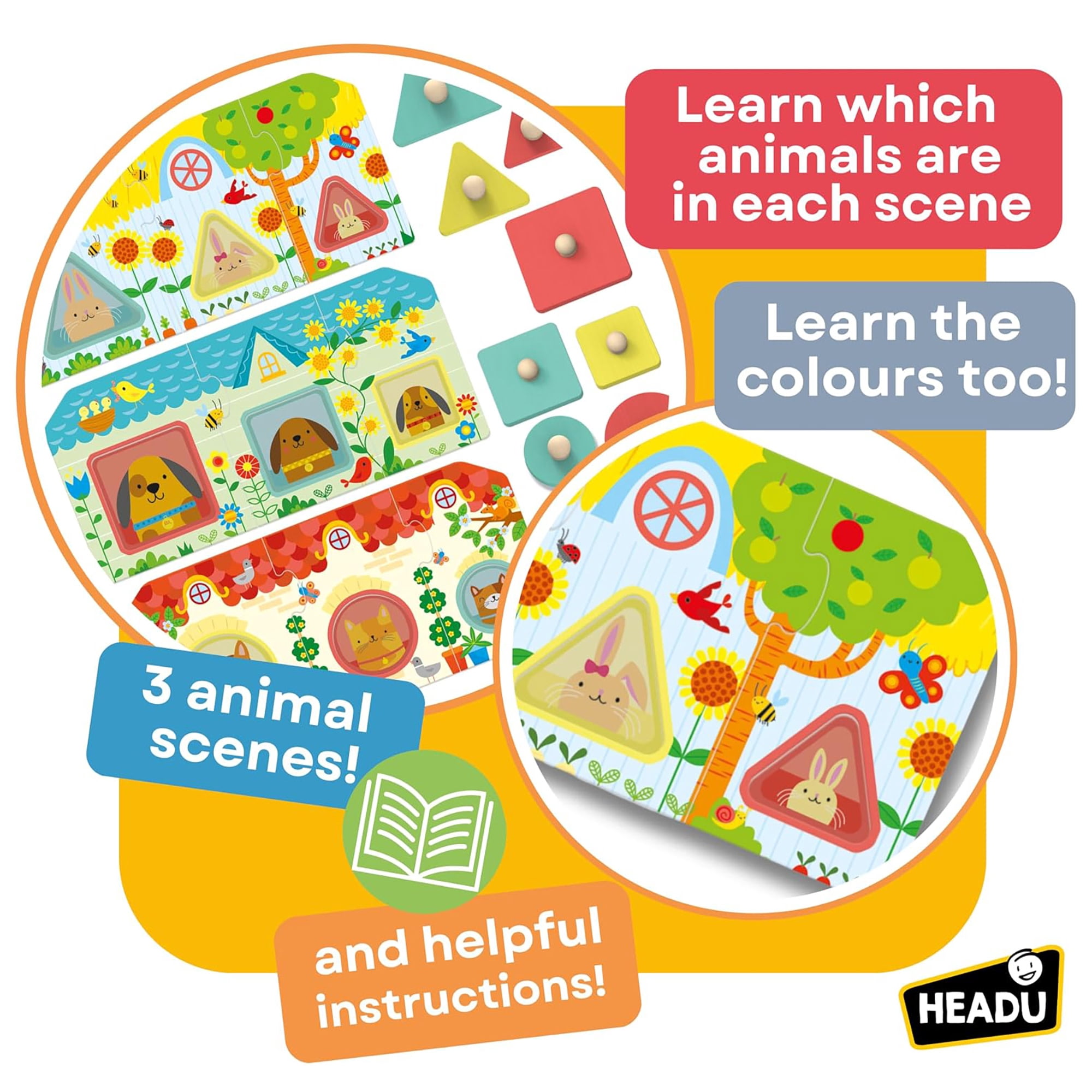 Headu: Progressive Babies Montessori - Wooden Shapes & Color Matching Game, Oversized Animal Scene Puzzle Tiles, Sight Recognition Play, Toddlers 2-4