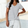 thumbnail image 3 of Craaazy Women's Striped V-Neck Short Sleeve T-Shirt, Casual Cotton Blend Relaxed Fit Top for Daily Wear & Weekend Outings Gifts, 3 of 8