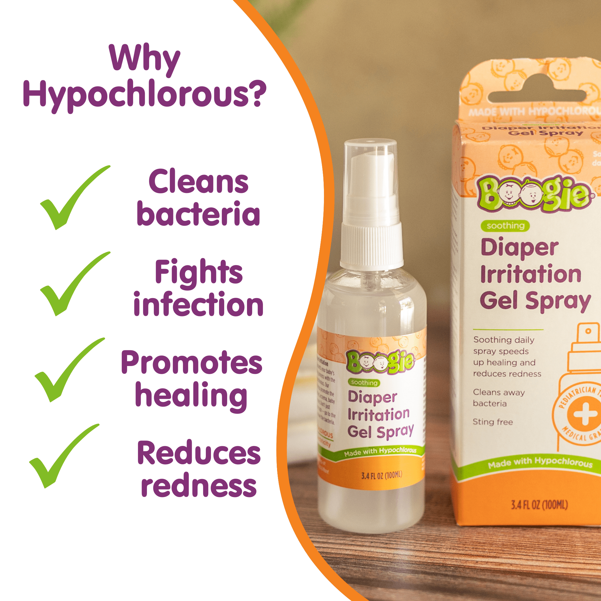 (2 pack) Boogie Soothing Diaper Irritation Gel Spray made with Hypochlorous for Rashes, Eczema, Baby Acne, and Cuts, 3.4 fl oz