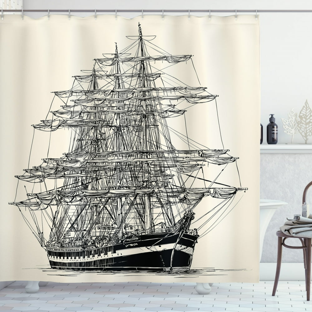 Pirate Ship Shower Curtain, Sailing Boat Detailed Illustration Nautical