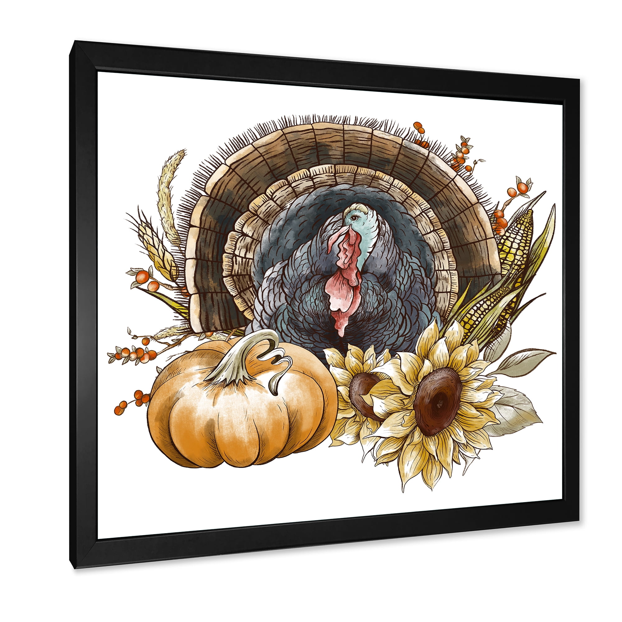 Designart 'Thanksgiving Vintage Turkey Pumpkin and Sunflowers ' Farmhouse Framed Art Print