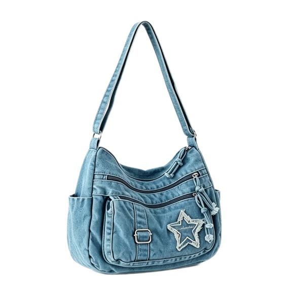 Women's Retro Large Canvas Denim Shoulder Bag Denim Crossbody Handbags Casual Star Style Lightweight Tote Purse