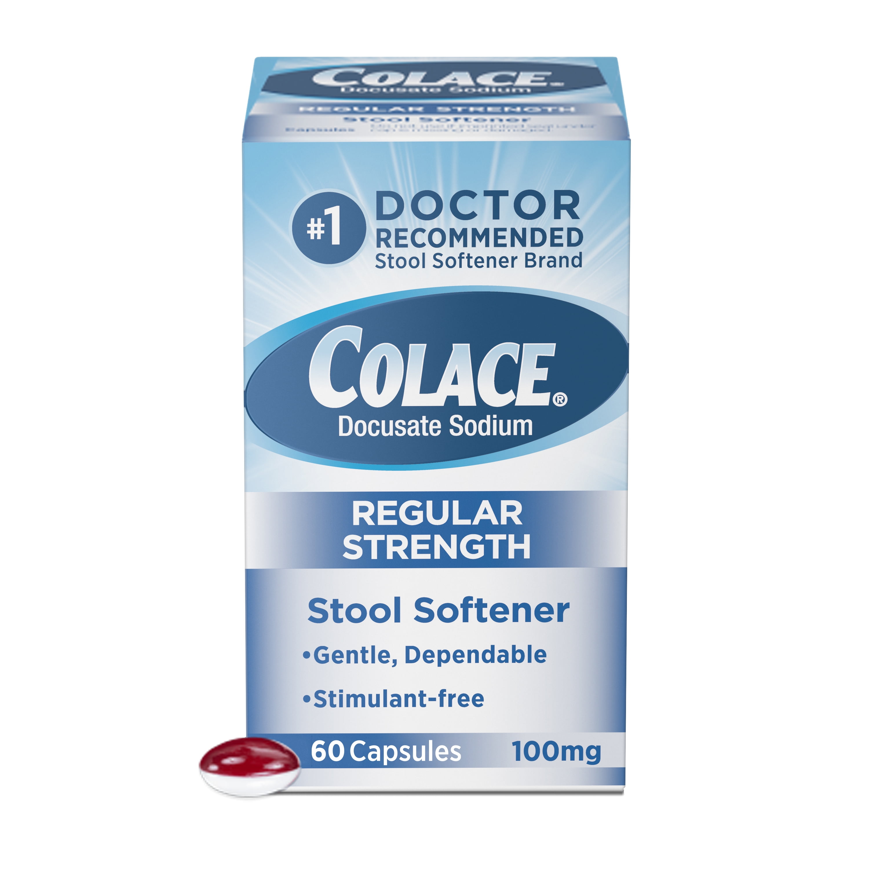 Colace Regular Strength Stool Softener for Constipation Relief, 100mg Capsules, 60 ct