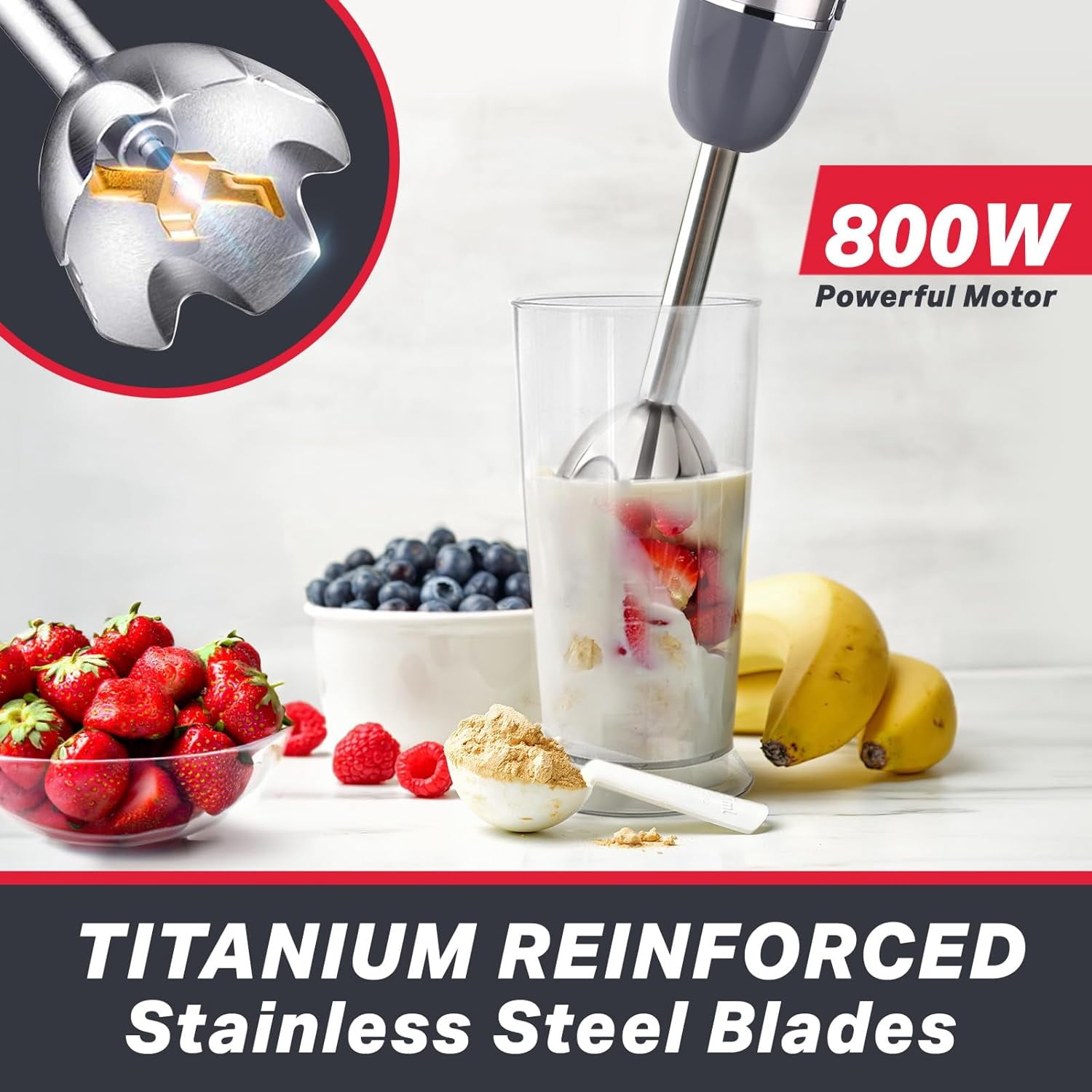 Mueller Immersion Blender Handheld, 800W 5-in-1 Stick Blender with Whisk, Frother, Beaker & Chopper, 12 Speeds + Turbo, Electric Hand Held Mixer for Soups, Smoothies & Baby Food, Grey