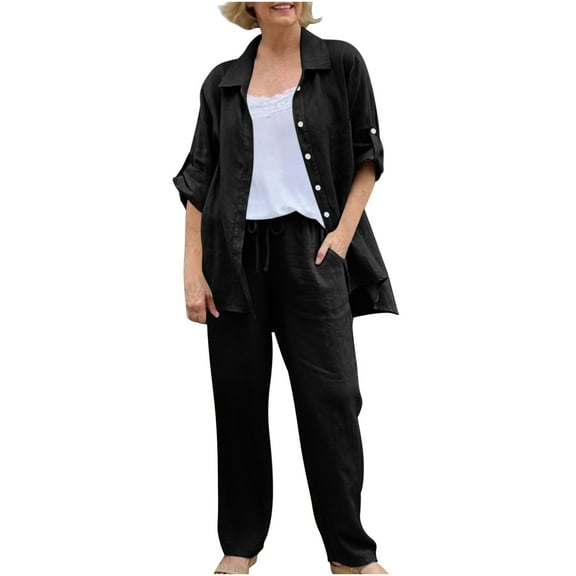 Caywon Women Solid Color Casual Loose Linen Shirt and Pants Set Breathable Summer Comfortable Matching Outfit Black2# L