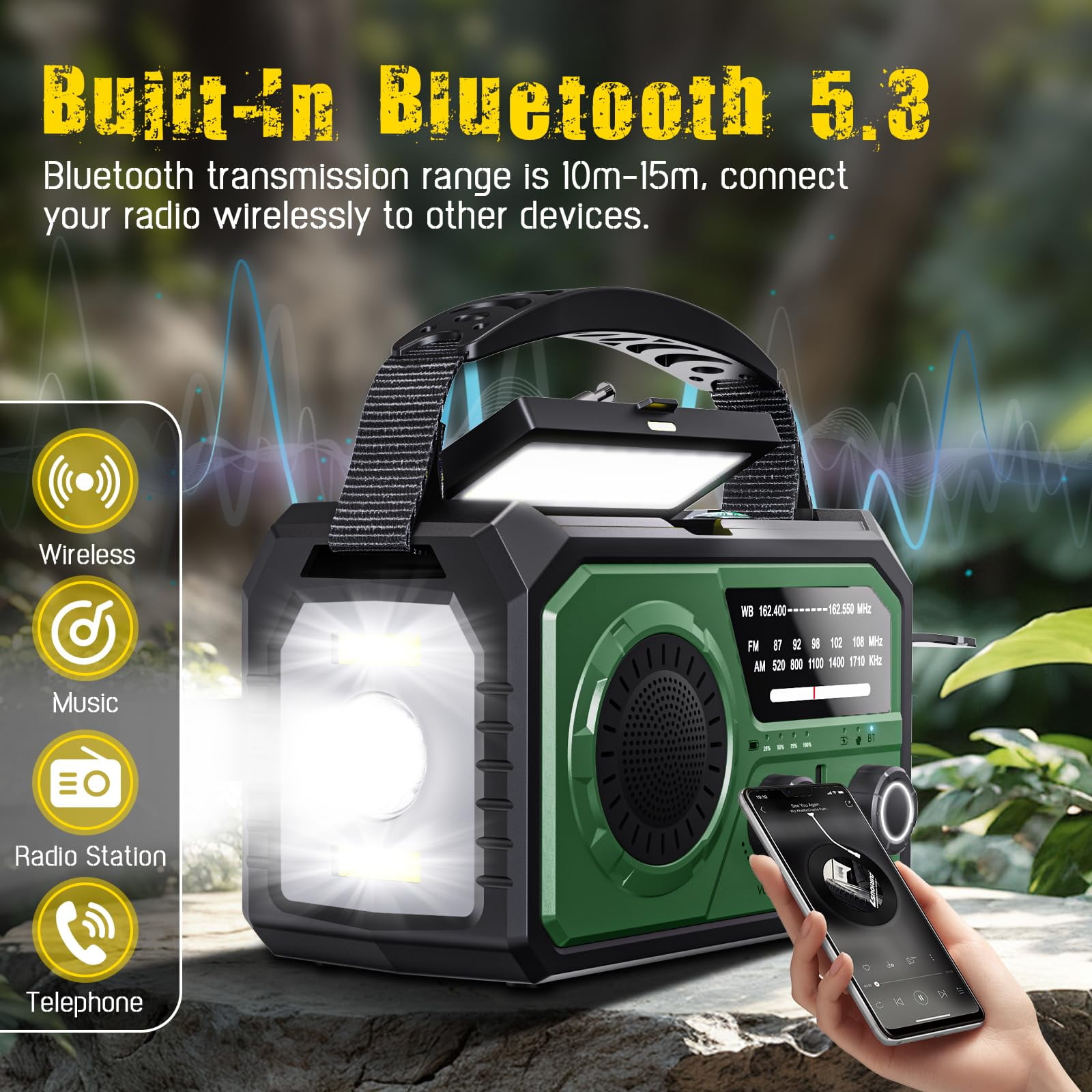 16000mAh/59200mWh Emergency Radio with Bluetooth 5.3-Hand Crank Weather Radio with Battery Powered and Fast Charging, NOAA/AM/FM Portable Solar Radio with SOS Alert Flashlight, Outdoor Survival Gear