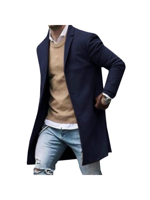 Men Wool Coat Winter Trench Outerwear Warm Overcoat Long Sleeve Button Up Jacket