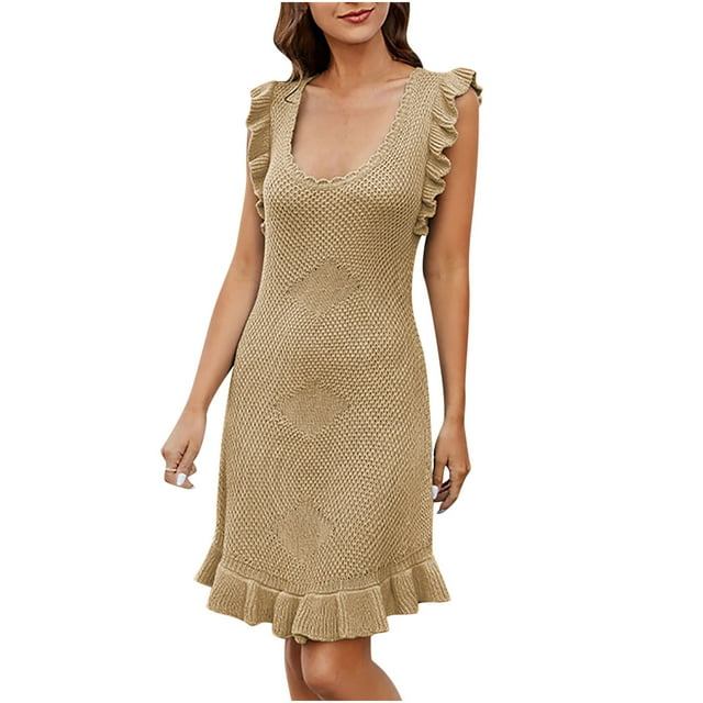 FAIWAD Women Sleeveless Knitted Dresses Ruffle Sleeve Hollow Out Slim Stretch Sundress