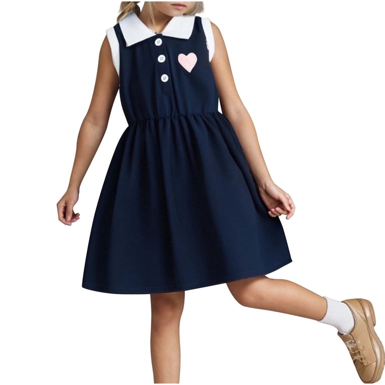 blue skater dress with collar Zwiiyzr 2025 Girls Summer Collar Dress Love Embroidered Sleeveless Cute  Casual Flare A-Line Skater Dresses Navy