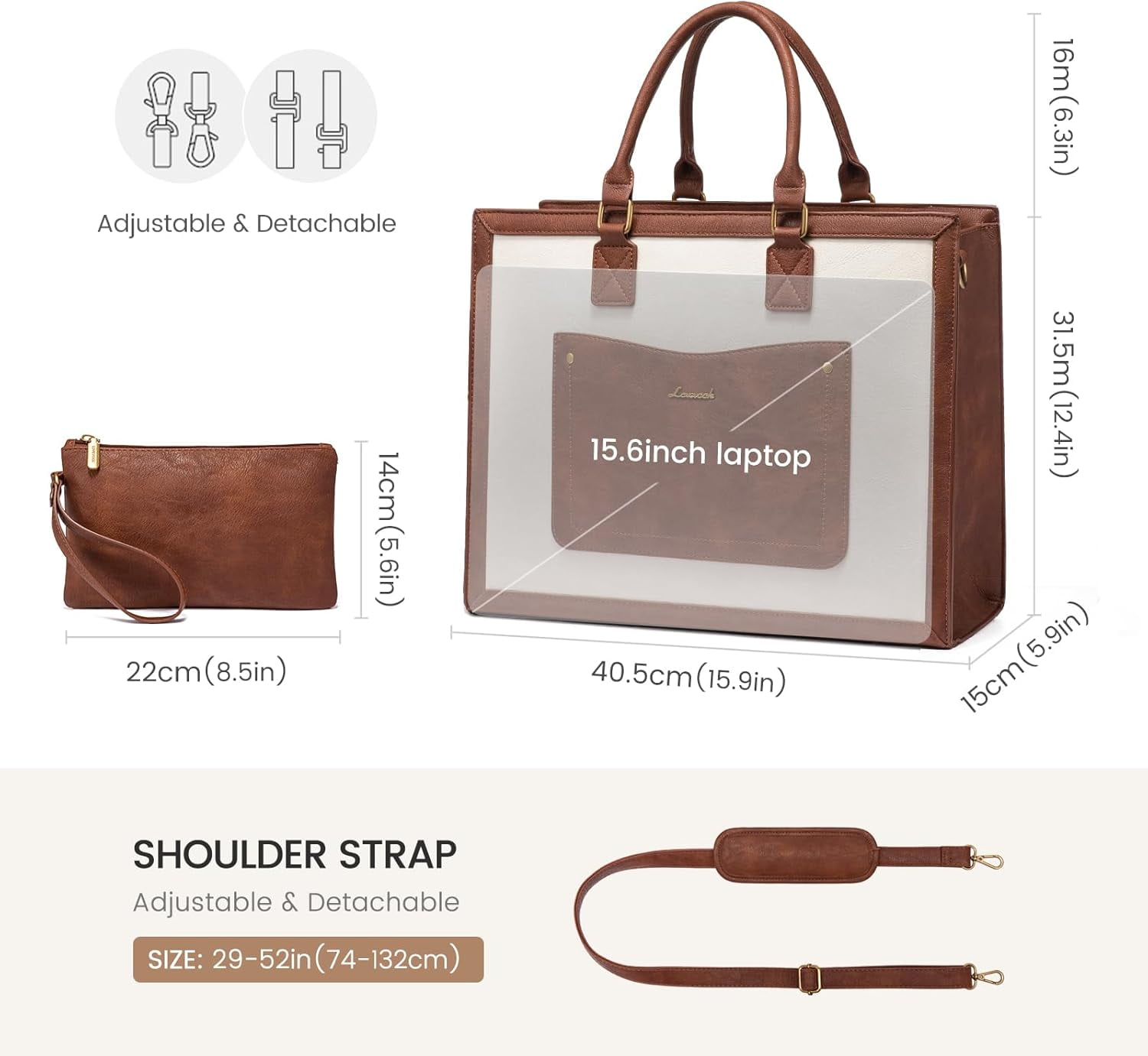 LOVEVOOK Laptop Tote Bag for Women, 15.6 Inch Work Bags, Vintage Leather Tote Bag, Waterproof Computer Bags with Clutch Purse, Large Capacity Messenger Bag for Teacher College Business Office