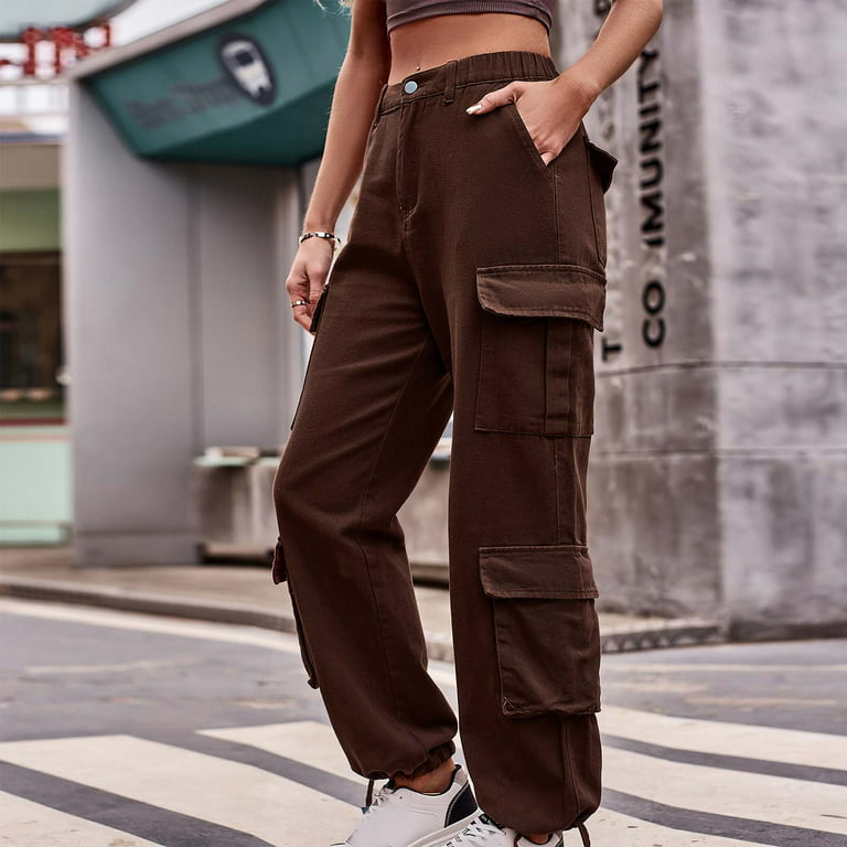 Stretch Cargo Pants for Women Solid Elastic Waist Denim Work Pants Multi  Pockets Comfy Streetwear Jogger Pants Loose Pants(L,Coffee) 
