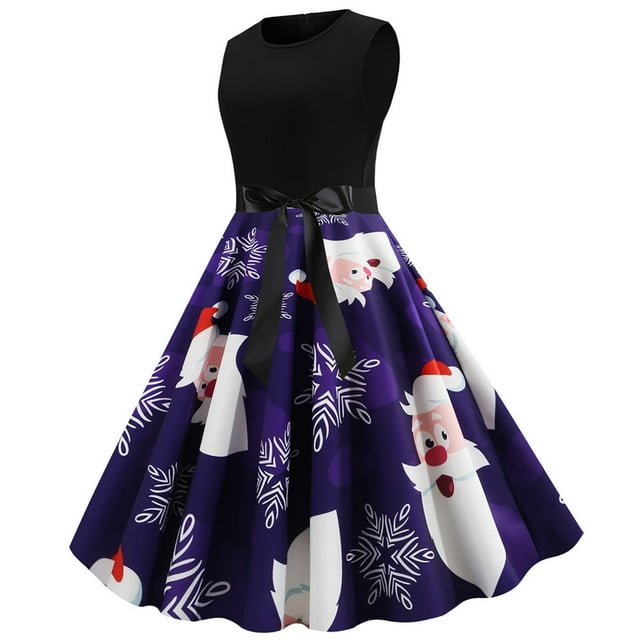 HKEJIAOI Robes de Cocktail Cadeau d'Anniversaire Noël Femmes Imprimé Rétro Patchwork Sans Manches Soirée Col Rond Fermeture Éclair Fête Bal Vintage Robe Soldes Liquidation Violet