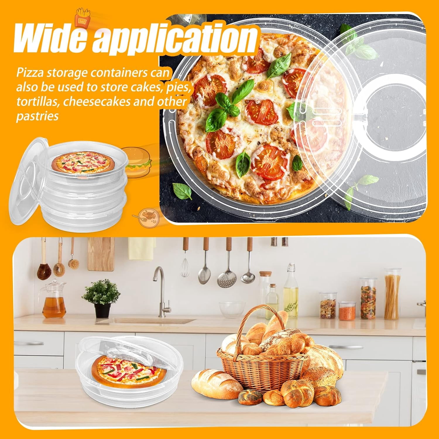 3 Pcs 12 Inch Pie Carrier with Lid and Handle, 2 Compartments Food Storage Container Round Pizza Holder Reusable Pizza Keeper for Egg Cheese Tortilla Pastry Cakes Desserts