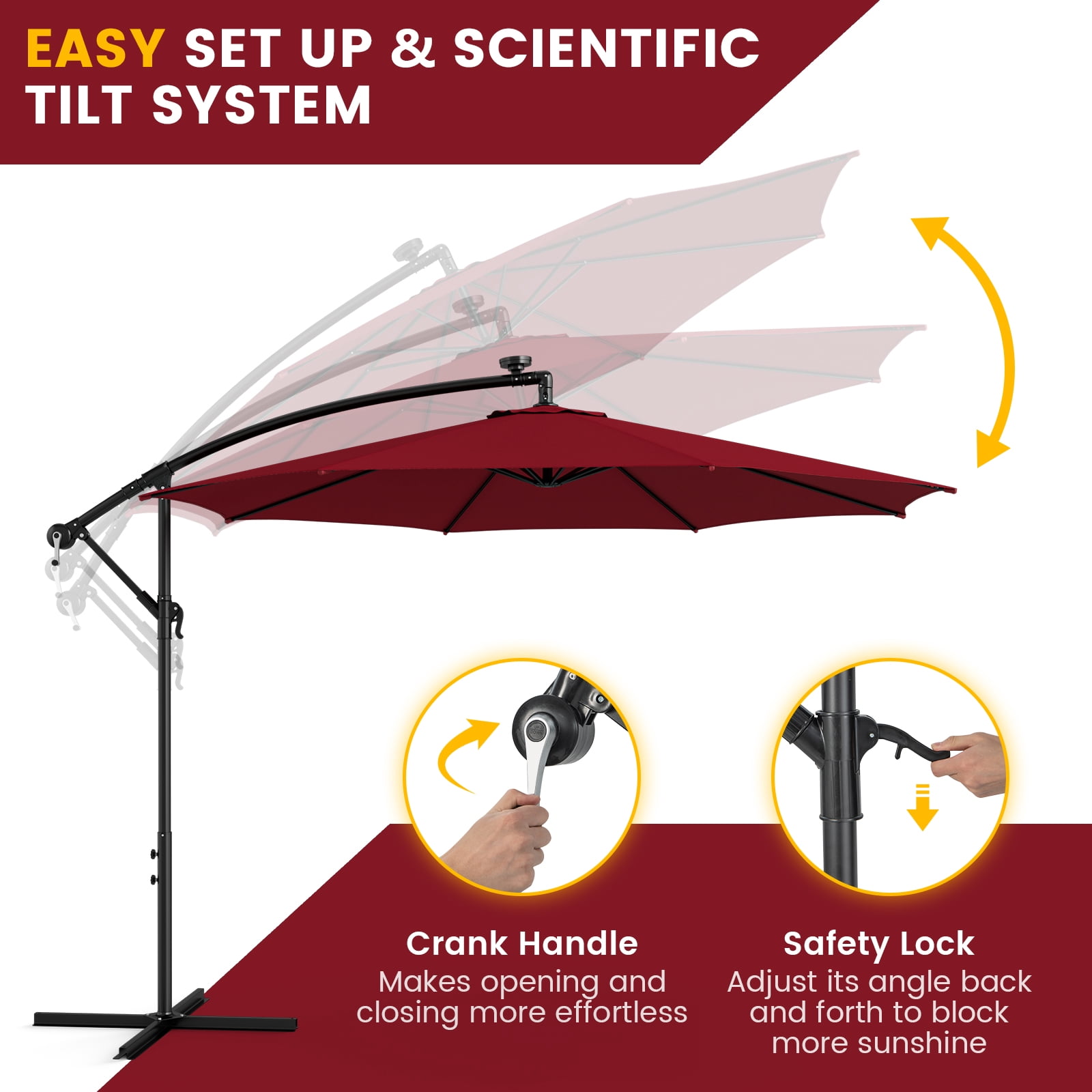 Patiojoy 10FT Solar Offset Umbrella Tilted Cantilever Umbrella with 112 LED Lights Lighted Patio Sun Shade with Crank Handle Red