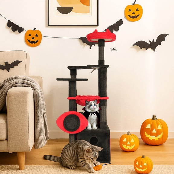 Leadtron 39.4-inch Halloween Cat Tree Tower for Indoor Cats with Condo & Scratching Posts - Multi-Level Cat Furniture with Hanging Toys (Orange & Black)