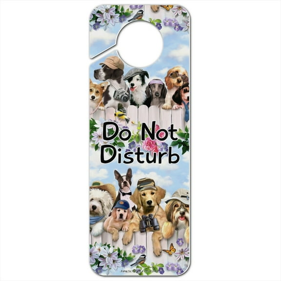 Dogs Outdoors on Fence Pattern Plastic Door Knob Hanger Sign
